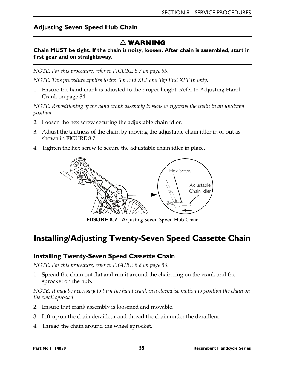 Adjusting seven speed hub chain, Installing twenty-seven speed cassette chain | Invacare Force User Manual | Page 55 / 76