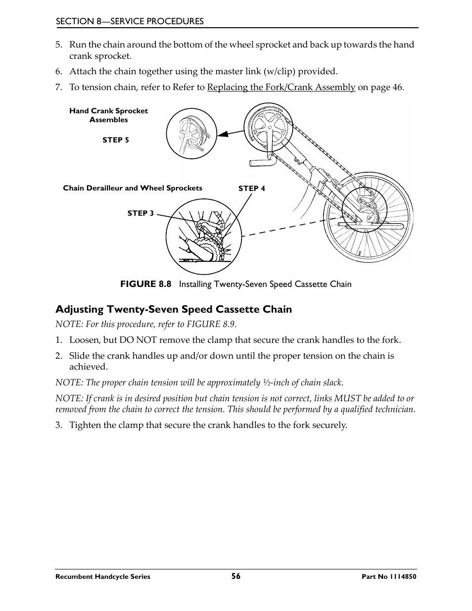 Adjusting twenty-seven speed cassette chain, Adjusting | Invacare Force User Manual | Page 56 / 76