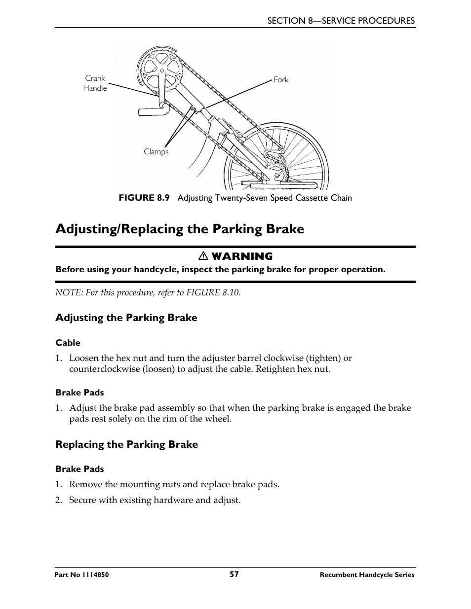 Adjusting/replacing the parking brake, Adjusting the parking brake, Replacing the parking brake | Adjusting/replacing the, Figure 8.9 | Invacare Force User Manual | Page 57 / 76