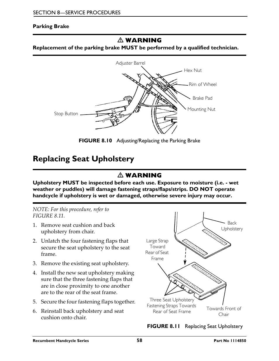 Replacing seat upholstery, Refer to replacing seat upholstery on | Invacare Force User Manual | Page 58 / 76