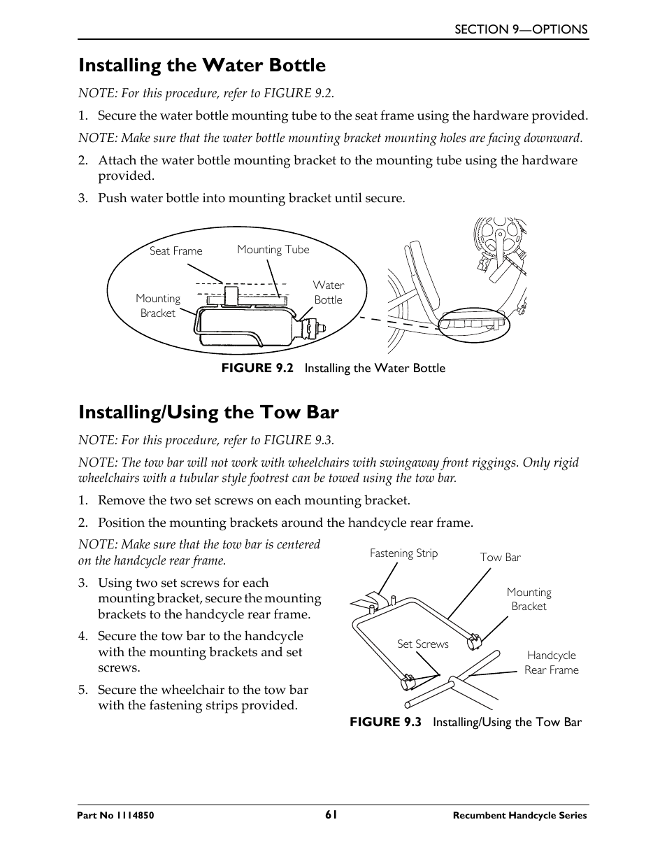 Mounting the safety light, Operating the safety light, Installing the water bottle | Installing/using the tow bar | Invacare Force User Manual | Page 61 / 76