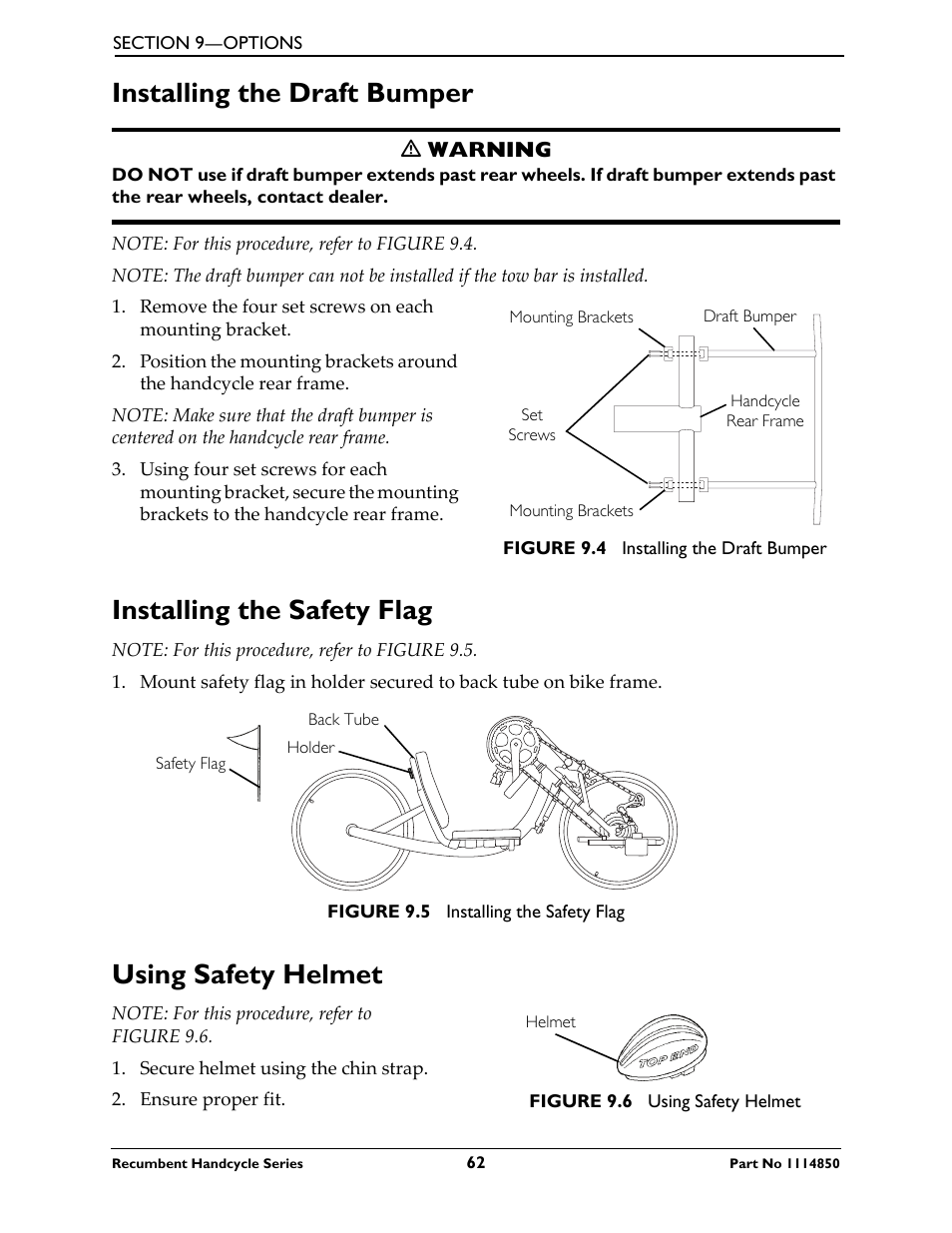 Installing the draft bumper, Installing the safety flag, Using safety helmet | Invacare Force User Manual | Page 62 / 76