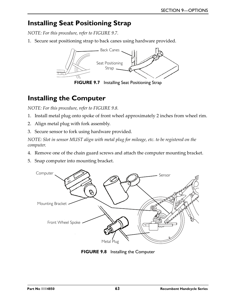 Installing the safety flag using safety helmet, Installing seat positioning strap, Installing the computer | Invacare Force User Manual | Page 63 / 76