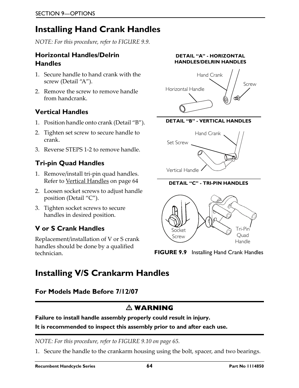 Horizontal handles/delrin handles, Tri-pin quad handles, V or s crank handles | Installing hand crank handles, Installing v/s crankarm handles | Invacare Force User Manual | Page 64 / 76