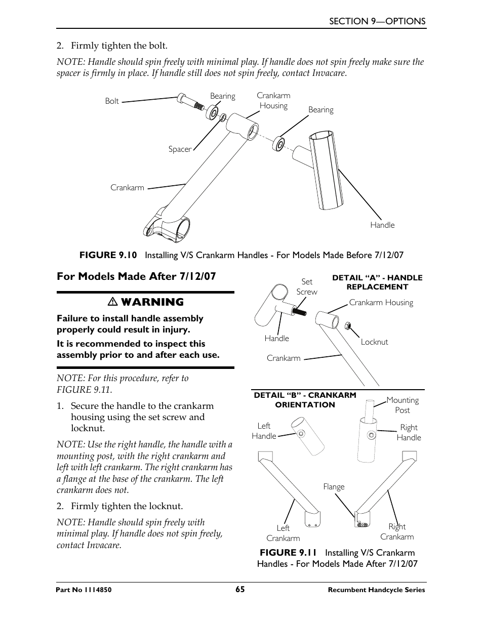 For models made after 7/12/07 | Invacare Force User Manual | Page 65 / 76