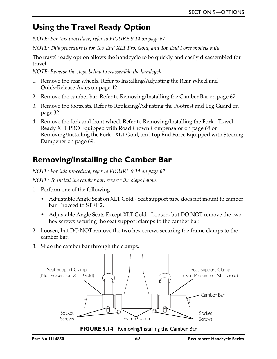 Using the travel ready option, Removing/installing the camber bar | Invacare Force User Manual | Page 67 / 76