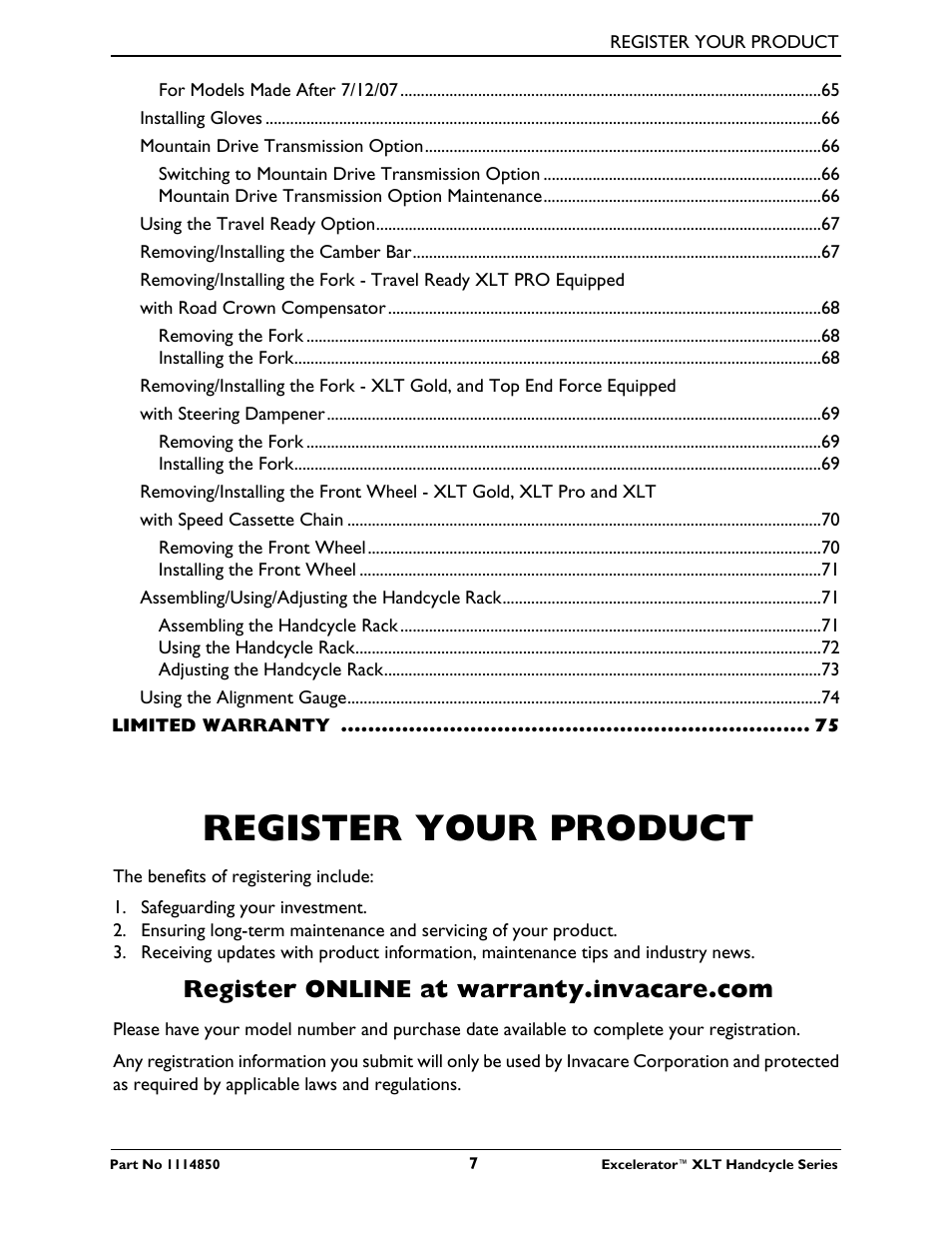 Register your product | Invacare Force User Manual | Page 7 / 76