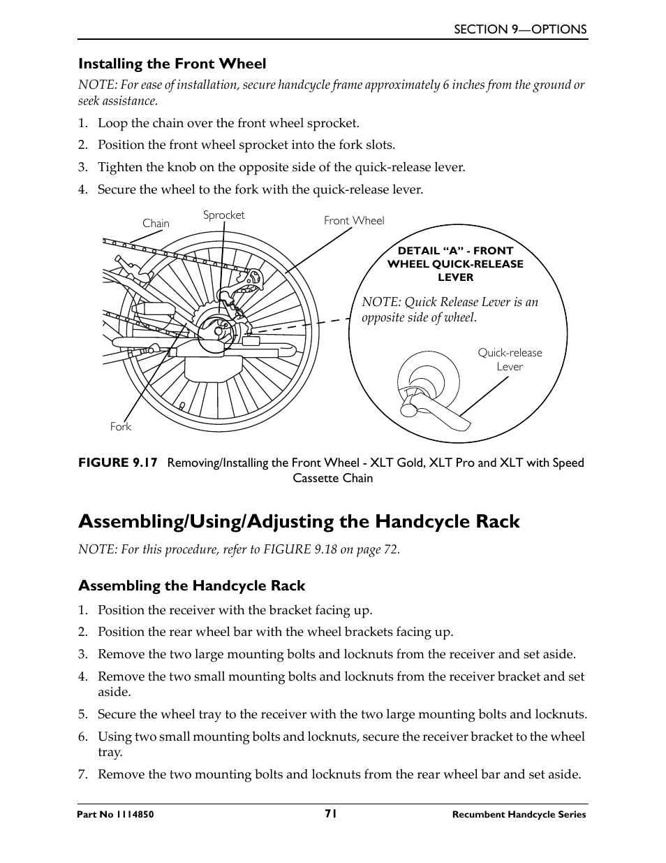 Removing the front wheel, Installing the front wheel, Assembling/using/adjusting the handcycle rack | Invacare Force User Manual | Page 71 / 76