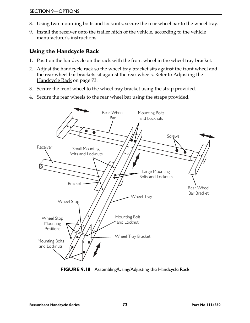 Assembling the handcycle rack, Using the handcycle rack | Invacare Force User Manual | Page 72 / 76