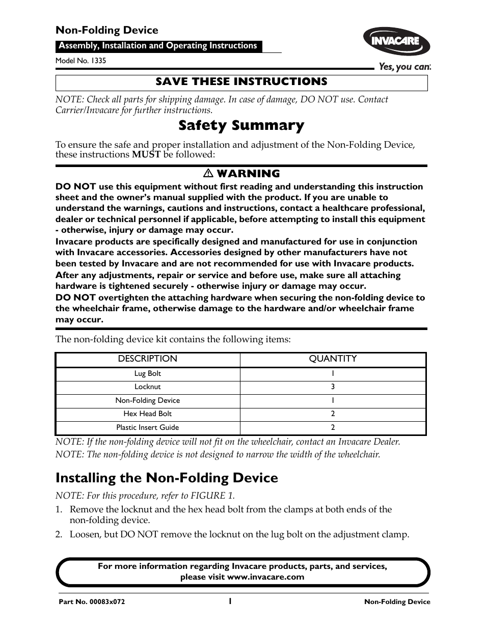 Invacare 1335 User Manual | 2 pages