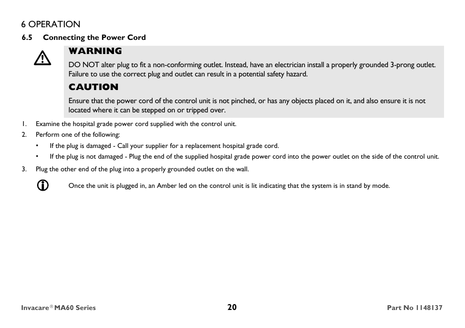 Connecting the power cord | Invacare MicroAir MA60 User Manual | Page 20 / 36