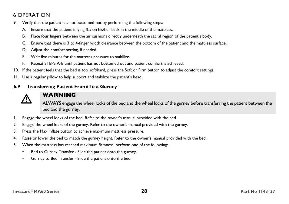 Transferring patient from/to a gurney, 6 operation, Warning | Invacare MicroAir MA60 User Manual | Page 28 / 36