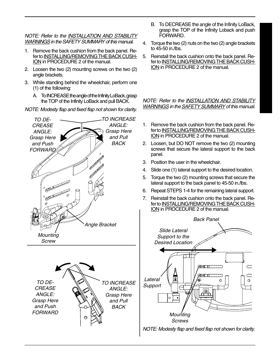 Adjusting the lateral supports, Adjusting the angle (figure 4) | Invacare Infinity LoBack Support User Manual | Page 13 / 16