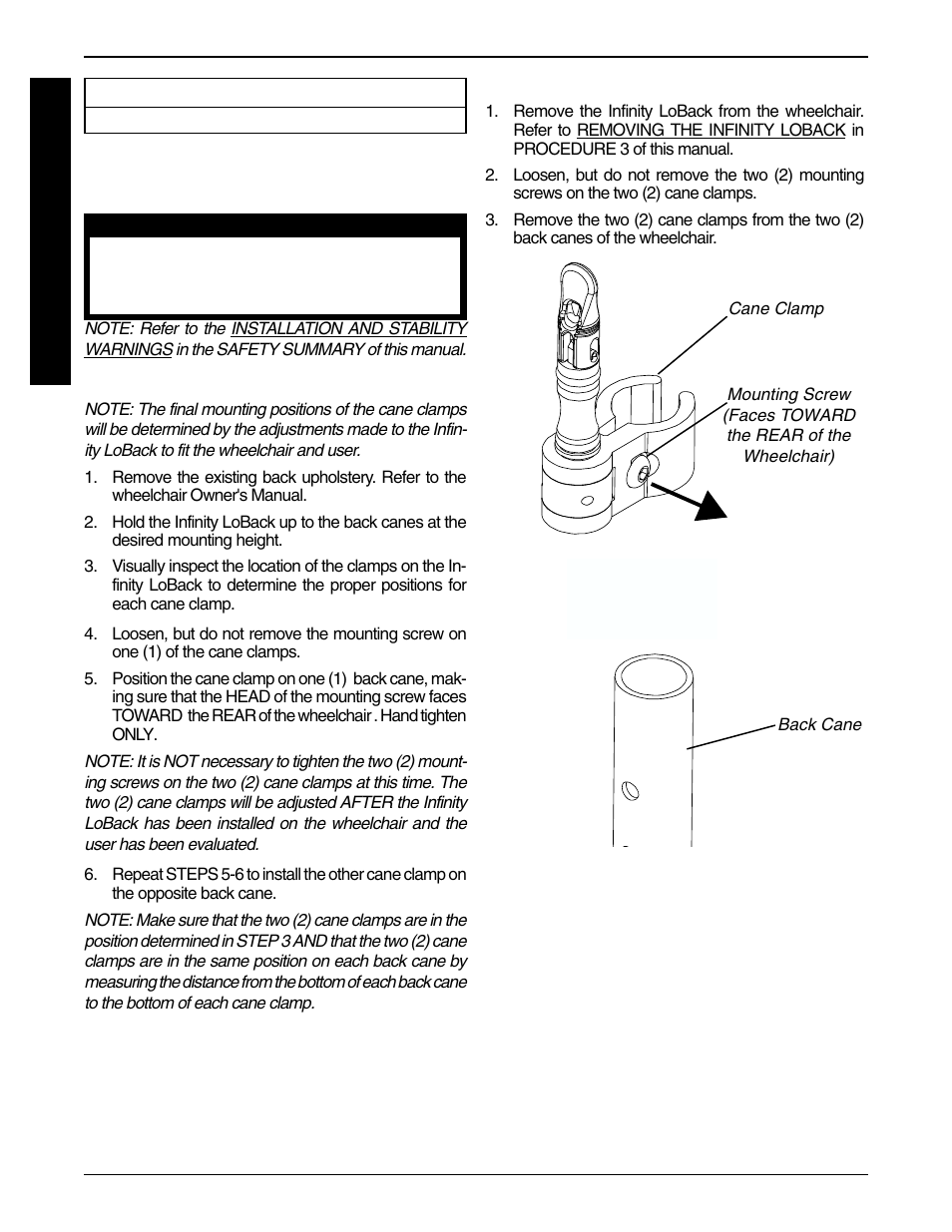 Installing/removing cane clamps (figure 1) | Invacare Infinity LoBack Support User Manual | Page 6 / 16