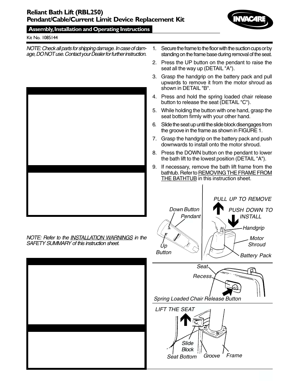 Invacare 1085144 User Manual | 8 pages