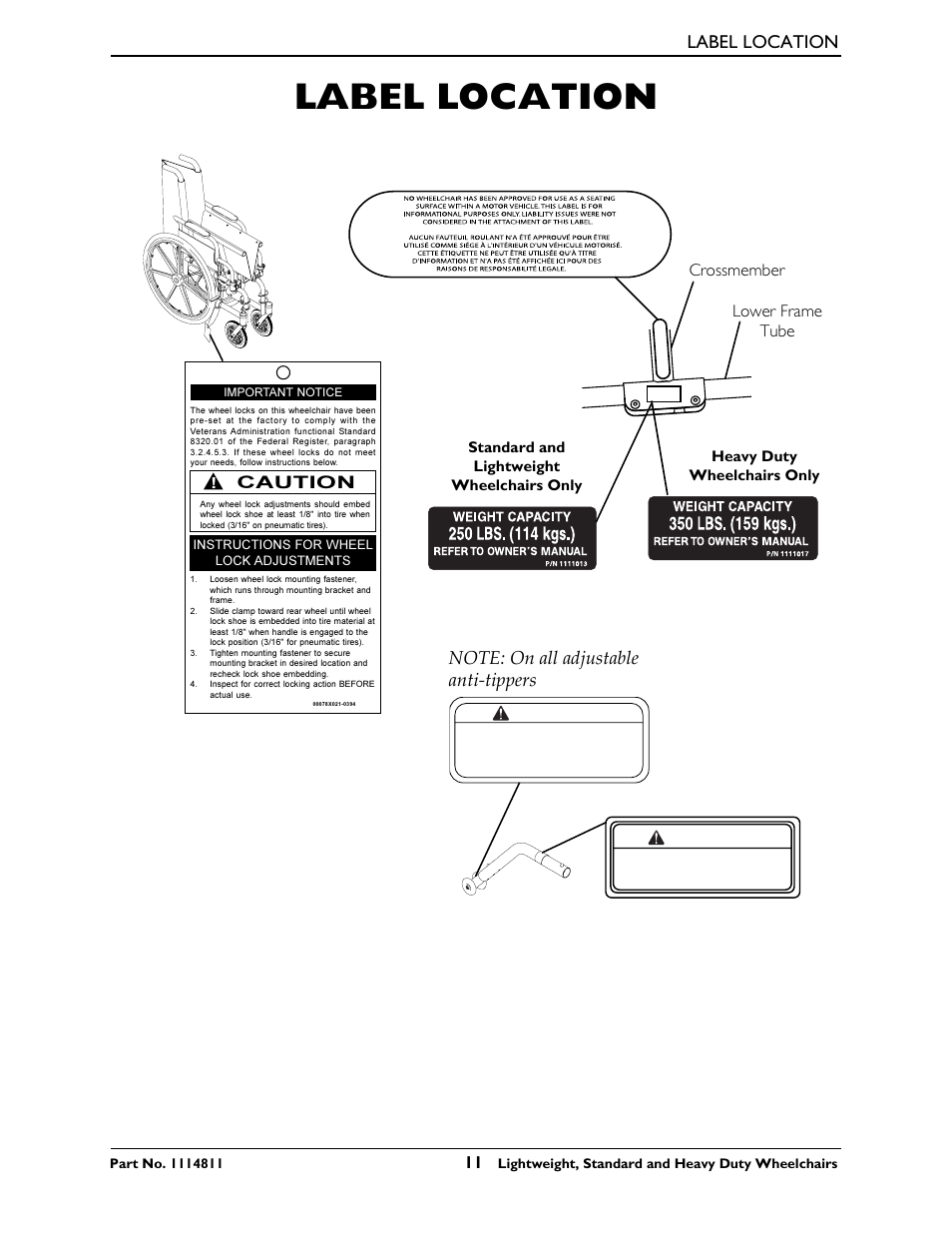 Label location, Warning, Caution | Crossmember lower frame tube | Invacare Lightweight User Manual | Page 11 / 64