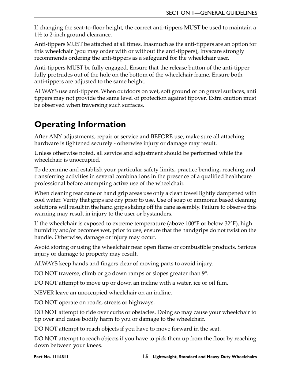 Operating information | Invacare Lightweight User Manual | Page 15 / 64