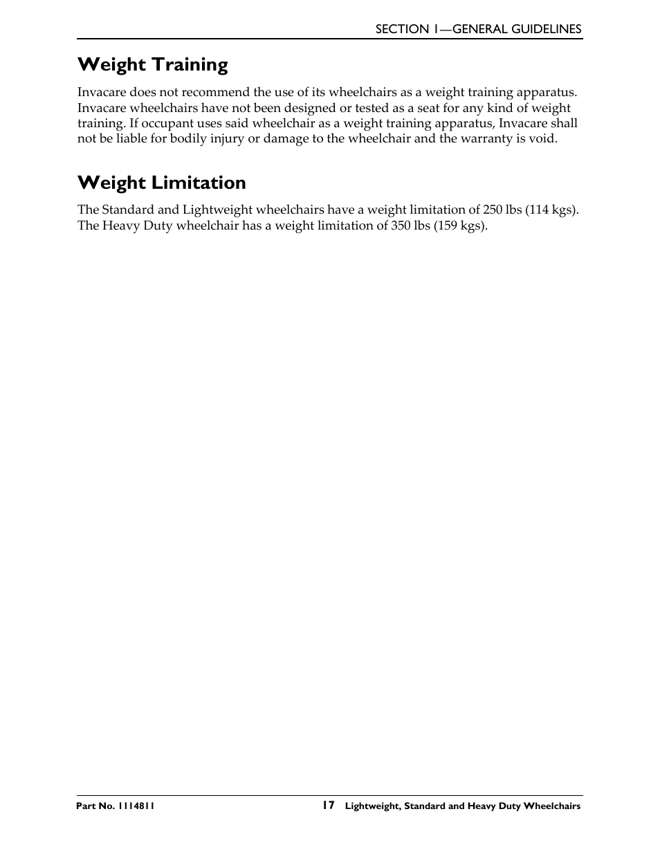 Weight training, Weight limitation, Weight training weight limitation | Invacare Lightweight User Manual | Page 17 / 64