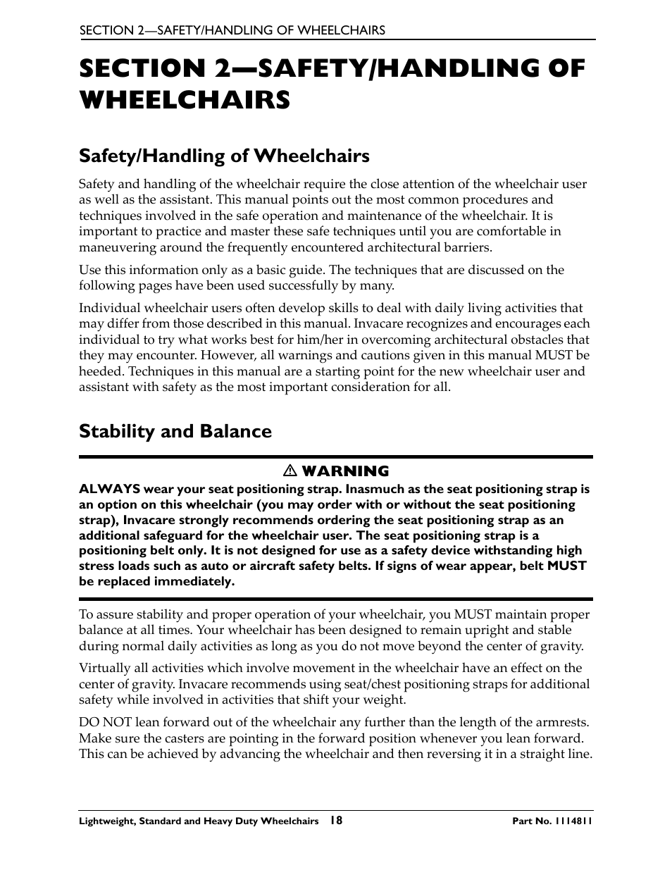 Section 2- safety/handling of wheelchairs, Safety/handling of wheelchairs, Stability and balance | Section 2—safety/handling of wheelchairs | Invacare Lightweight User Manual | Page 18 / 64