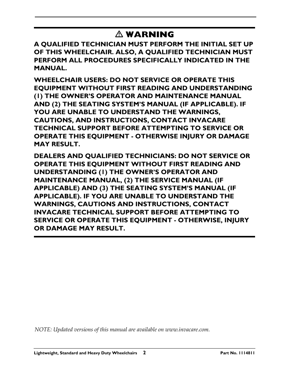 Ƽ warning | Invacare Lightweight User Manual | Page 2 / 64