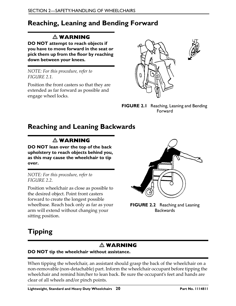 Reaching, leaning and bending forward, Reaching and leaning backwards, Tipping | Invacare Lightweight User Manual | Page 20 / 64