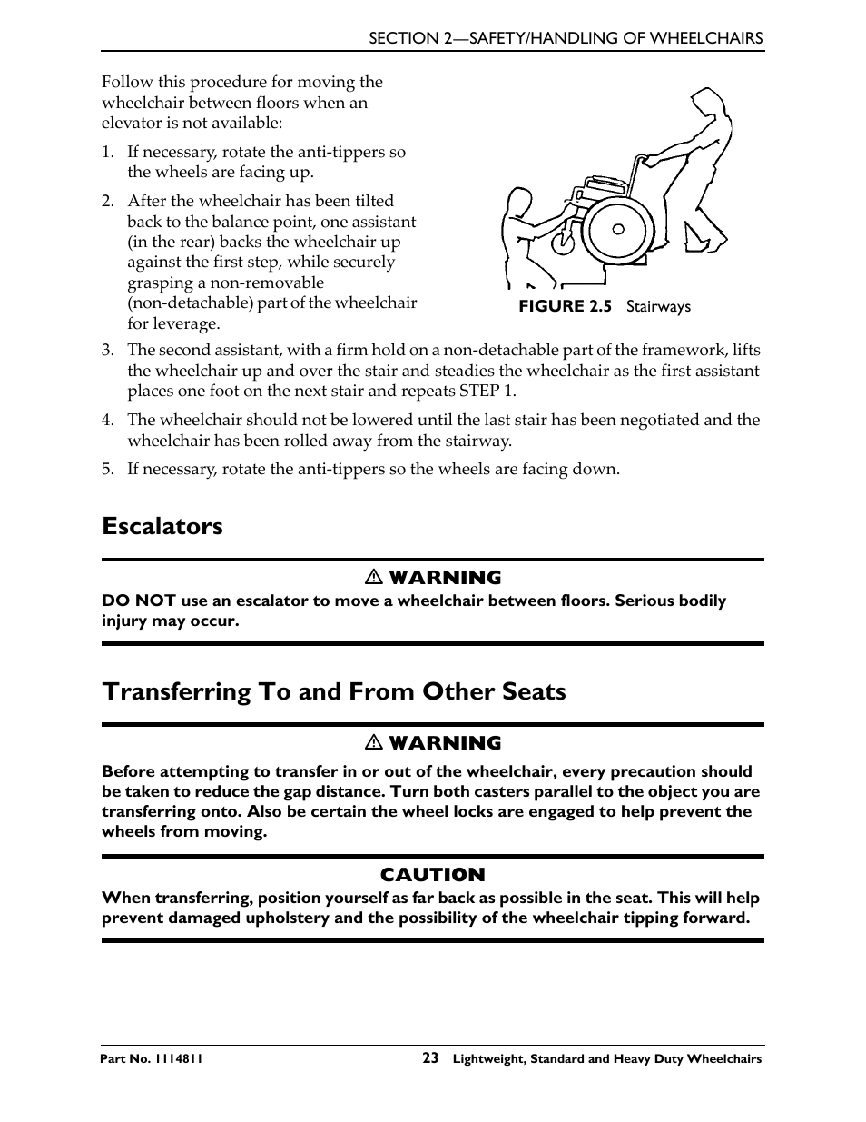 Escalators, Transferring to and from other seats, Escalators transferring to and from other seats | Invacare Lightweight User Manual | Page 23 / 64