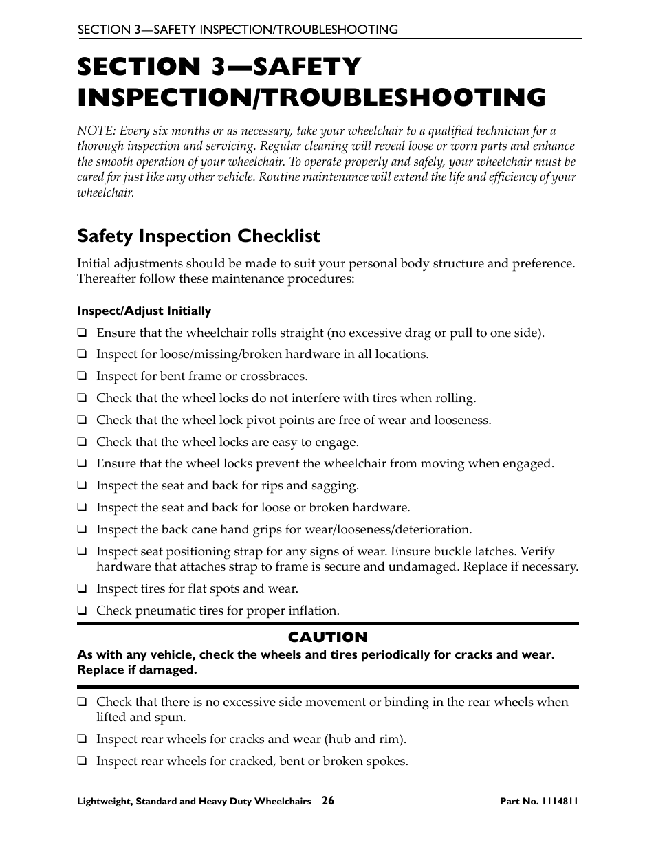 Section 3- safety inspection/troubleshooting, Safety inspection checklist, Inspect/adjust initially | Section 3—safety inspection/troubleshooting | Invacare Lightweight User Manual | Page 26 / 64