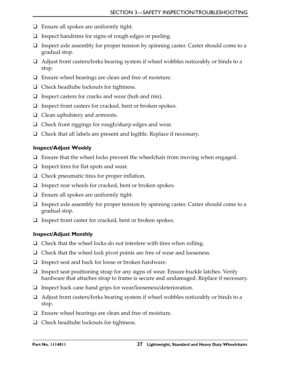 Inspect/adjust weekly, Inspect/adjust monthly | Invacare Lightweight User Manual | Page 27 / 64