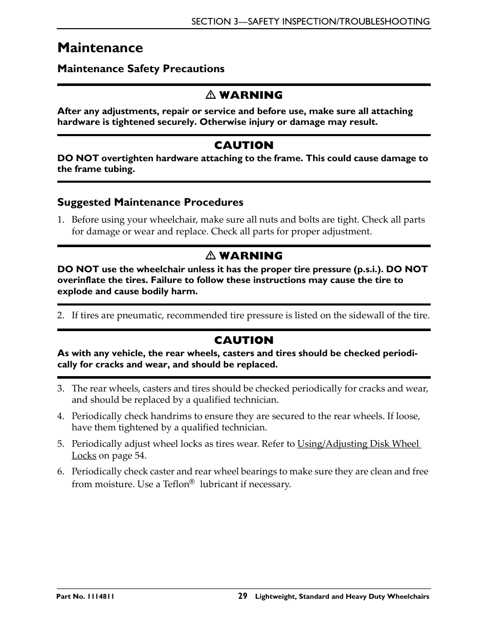 Maintenance, Maintenance safety precautions, Suggested maintenance procedures | Invacare Lightweight User Manual | Page 29 / 64