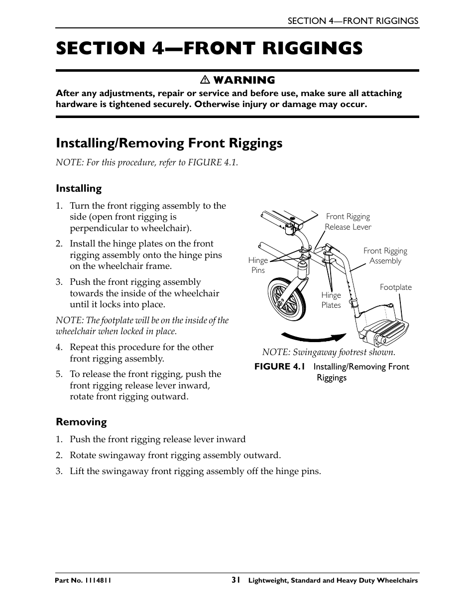 Section 4- front riggings, Installing/removing front riggings, Installing | Removing, Section 4—front riggings | Invacare Lightweight User Manual | Page 31 / 64