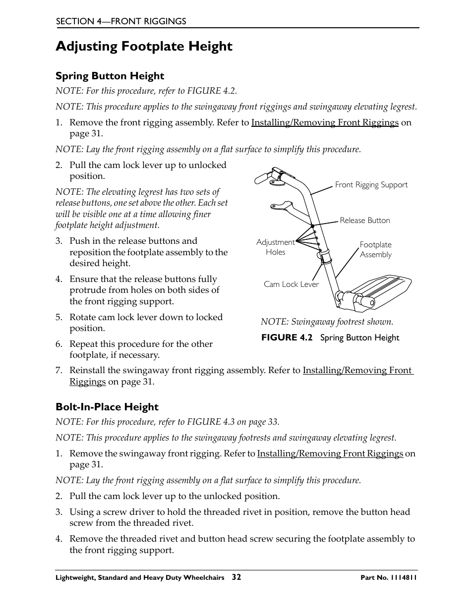 Adjusting footplate height, Spring button height, Bolt-in-place height | Invacare Lightweight User Manual | Page 32 / 64