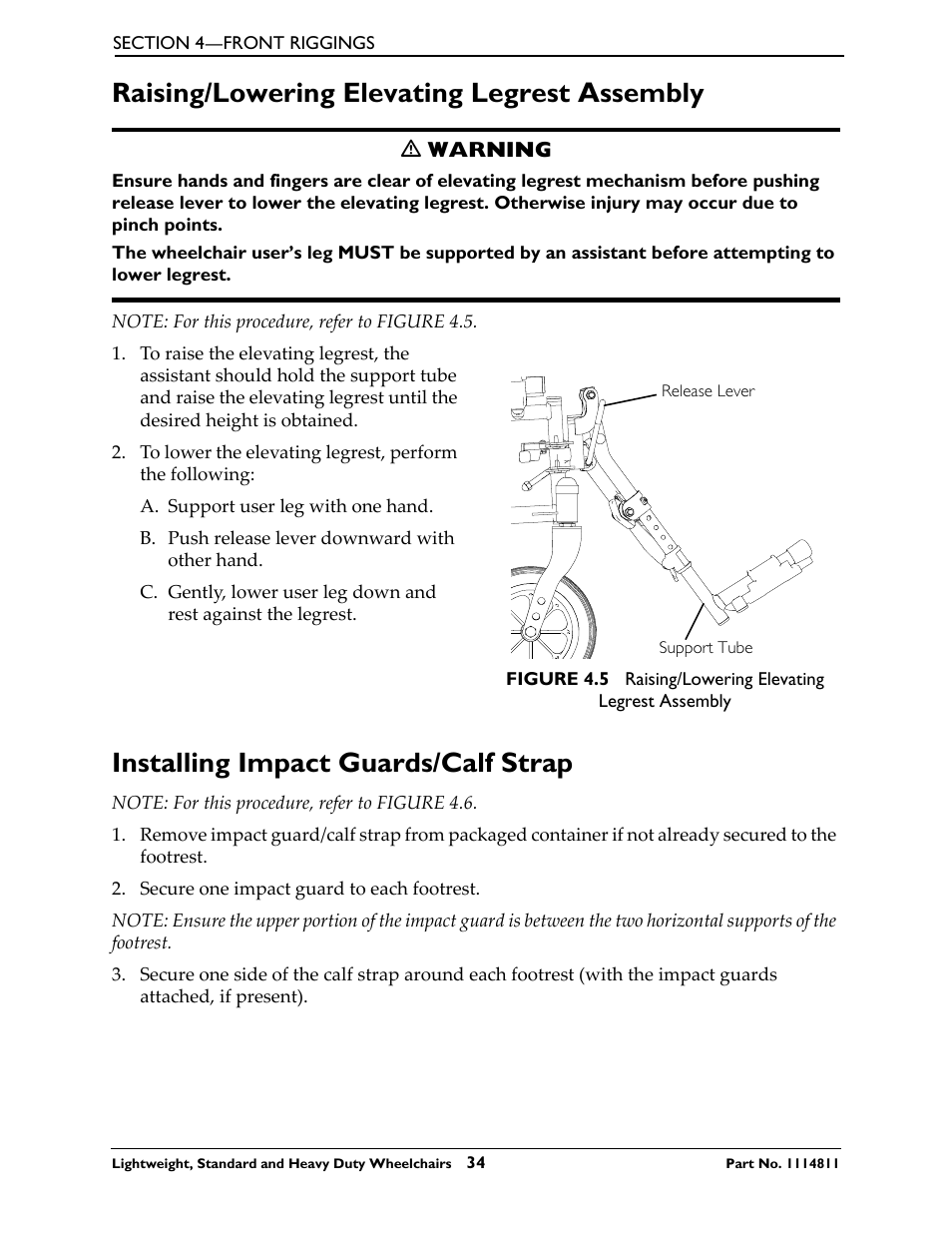 Raising/lowering elevating legrest assembly, Installing impact guards/calf strap | Invacare Lightweight User Manual | Page 34 / 64