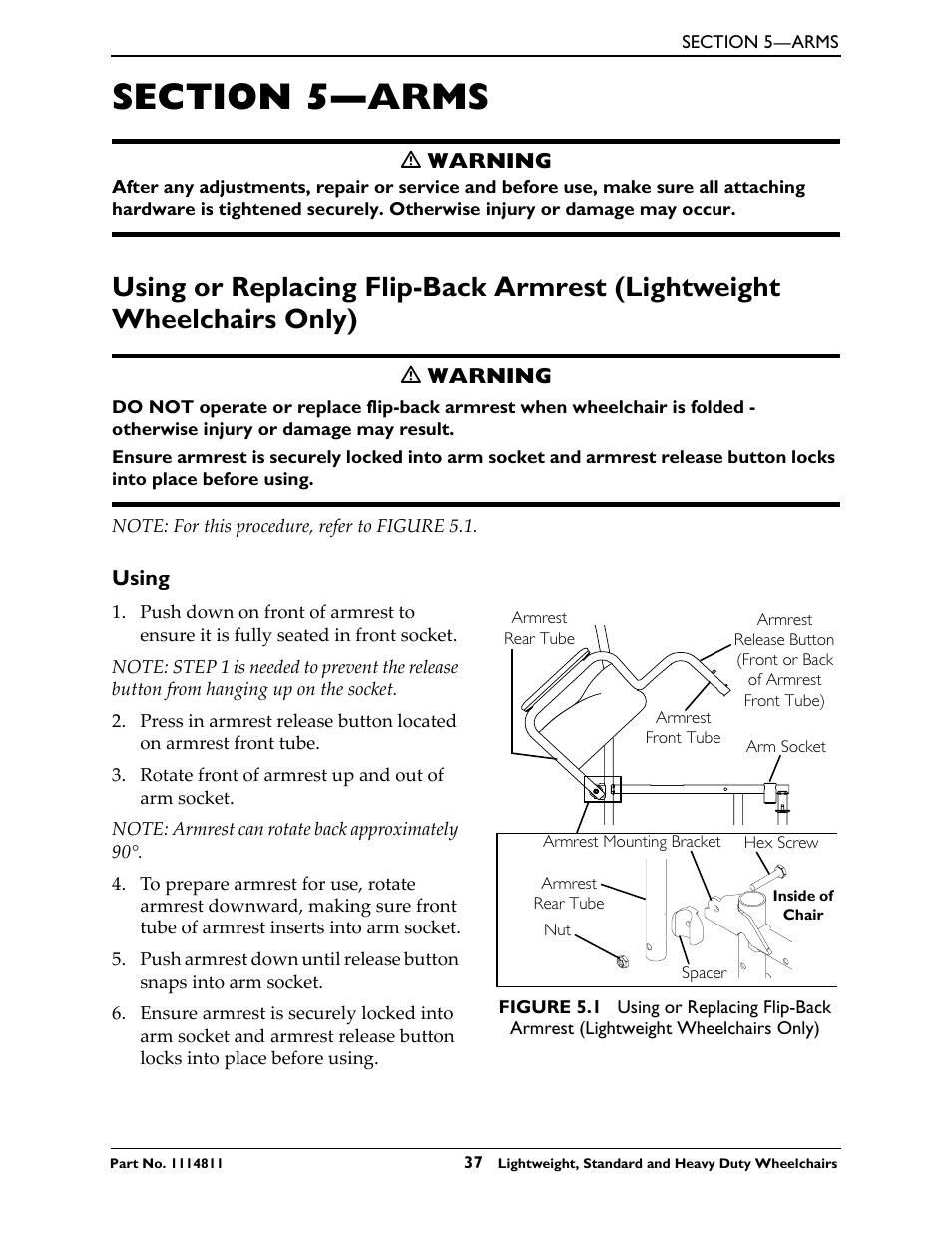 Section 5- arms, Using, Section 5—arms | Invacare Lightweight User Manual | Page 37 / 64