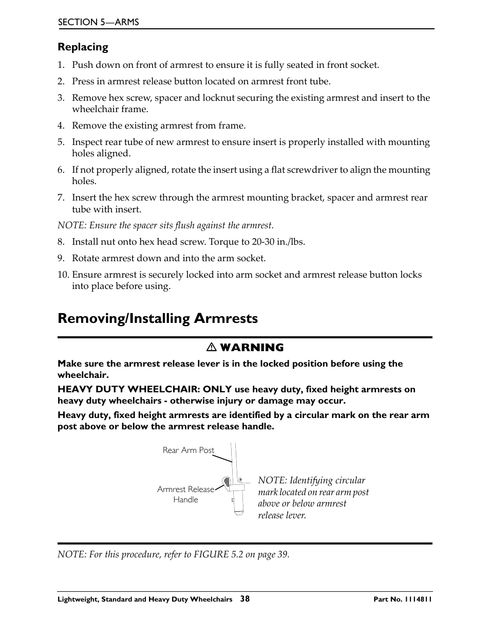 Replacing, Removing/installing armrests | Invacare Lightweight User Manual | Page 38 / 64