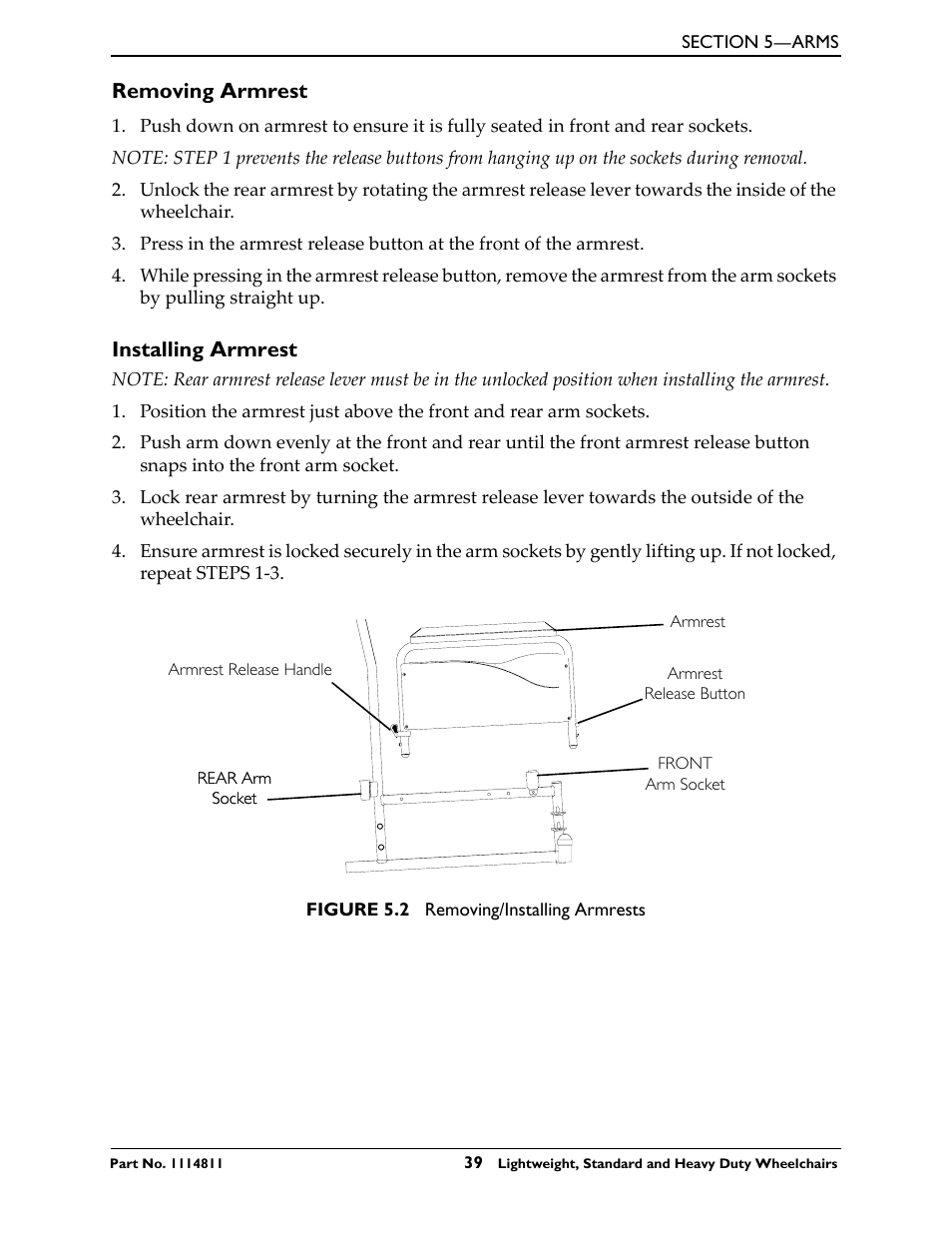 Removing armrest, Installing armrest | Invacare Lightweight User Manual | Page 39 / 64