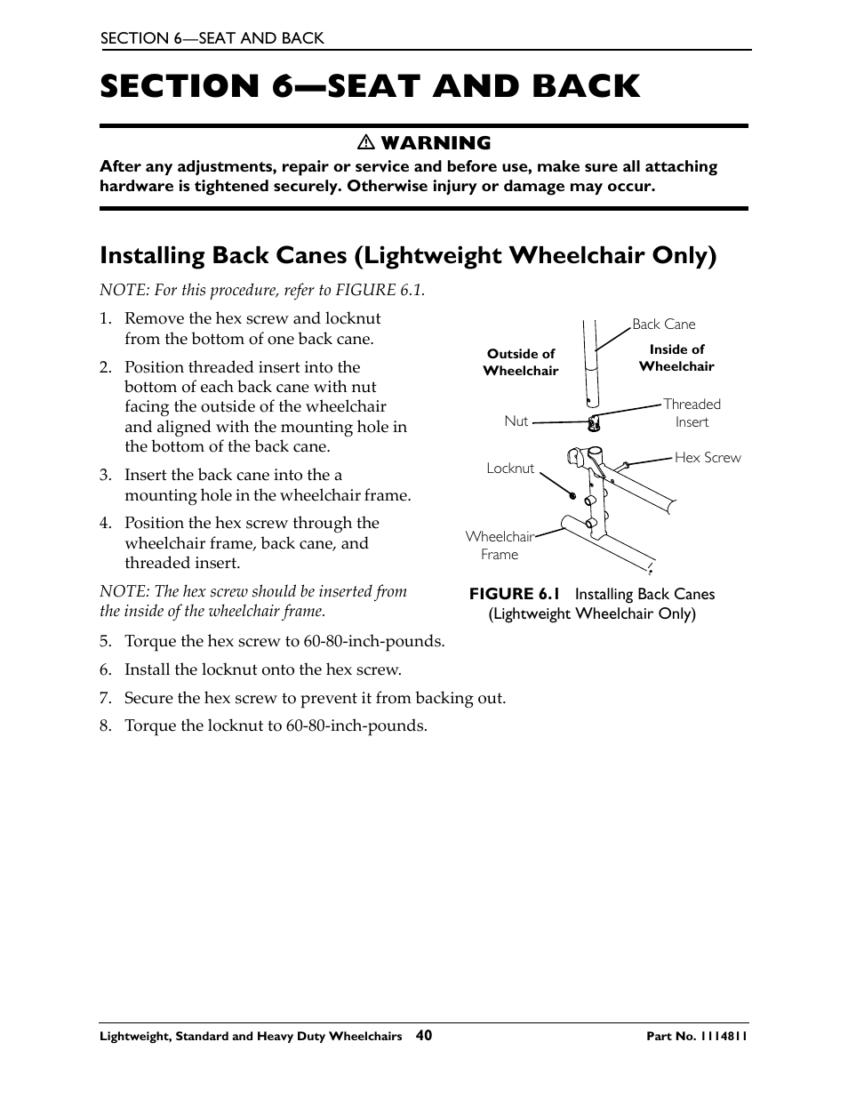 Section 6- seat and back, Section 6—seat and back | Invacare Lightweight User Manual | Page 40 / 64