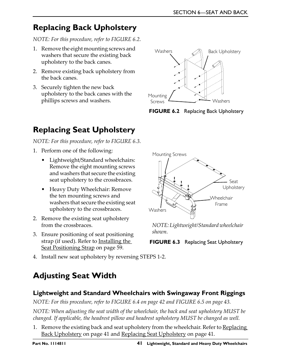 Replacing back upholstery, Replacing seat upholstery, Adjusting seat width | Invacare Lightweight User Manual | Page 41 / 64