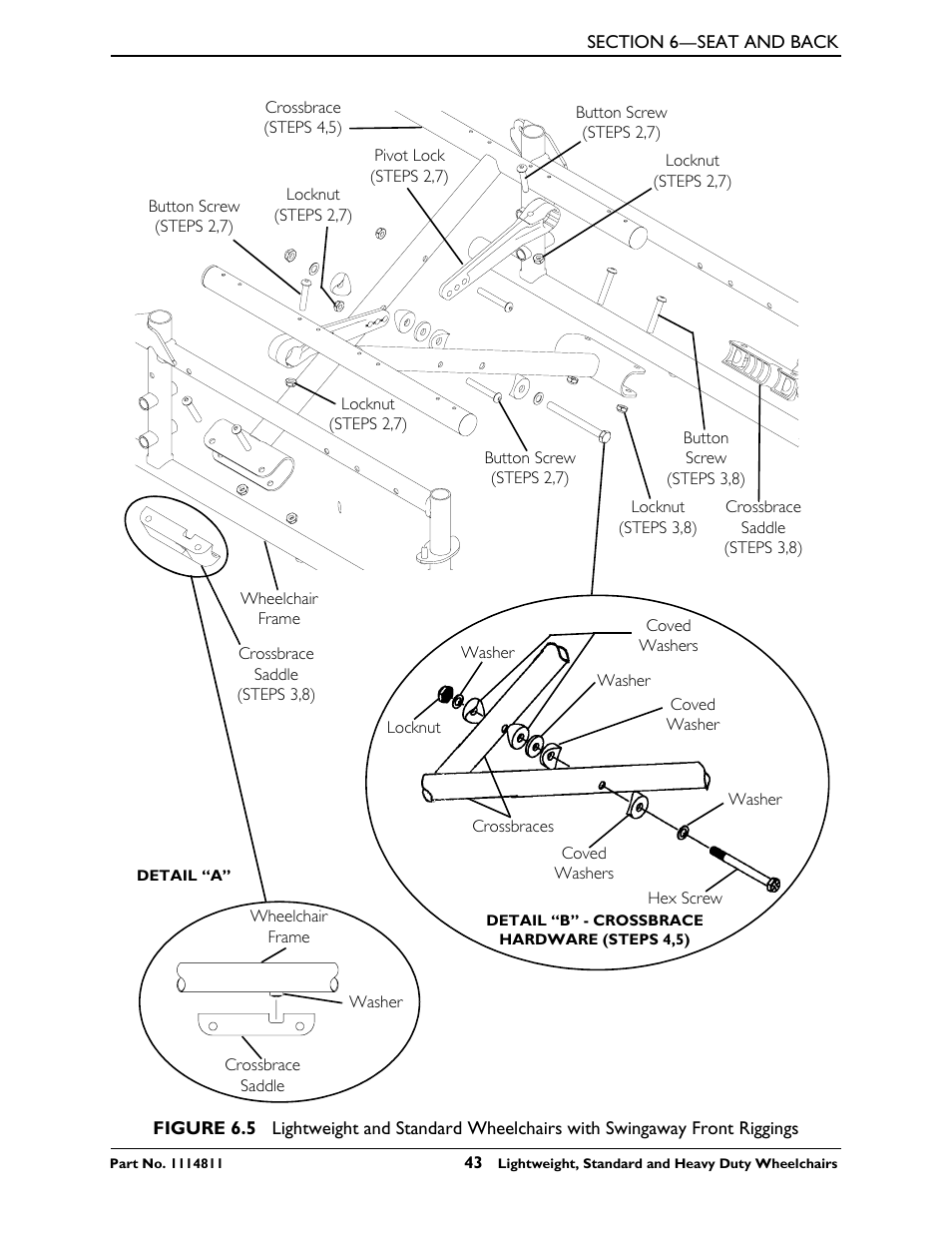 Refer to detail “b” of figure 6.5, Ghten. refer to detail “b” of figure 6.5, See detail “a” of figure 6.5 | E. refer to detail “b” of figure 6.5 for | Invacare Lightweight User Manual | Page 43 / 64