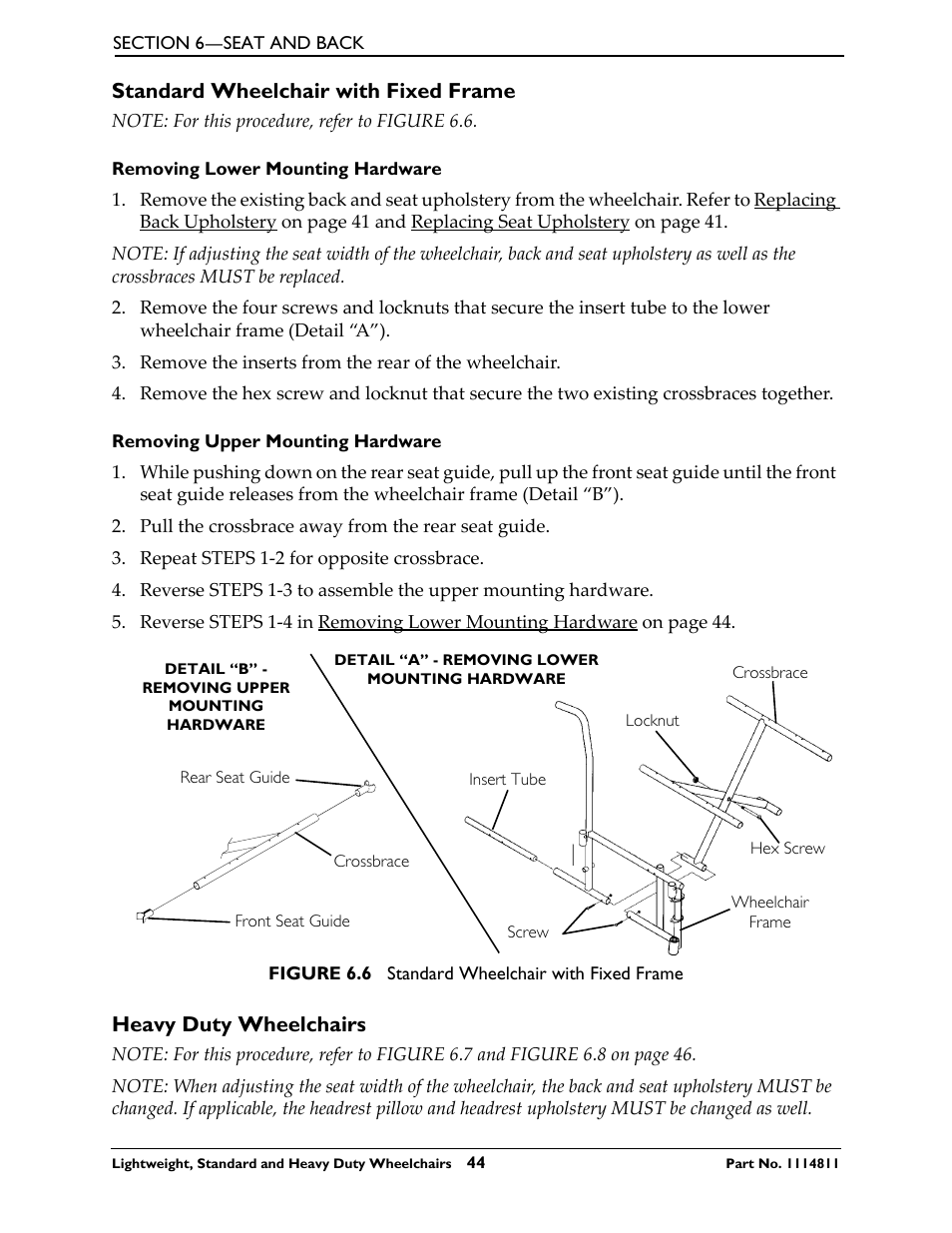 Standard wheelchair with fixed frame, Removing lower mounting hardware, Removing upper mounting hardware | Heavy duty wheelchairs | Invacare Lightweight User Manual | Page 44 / 64