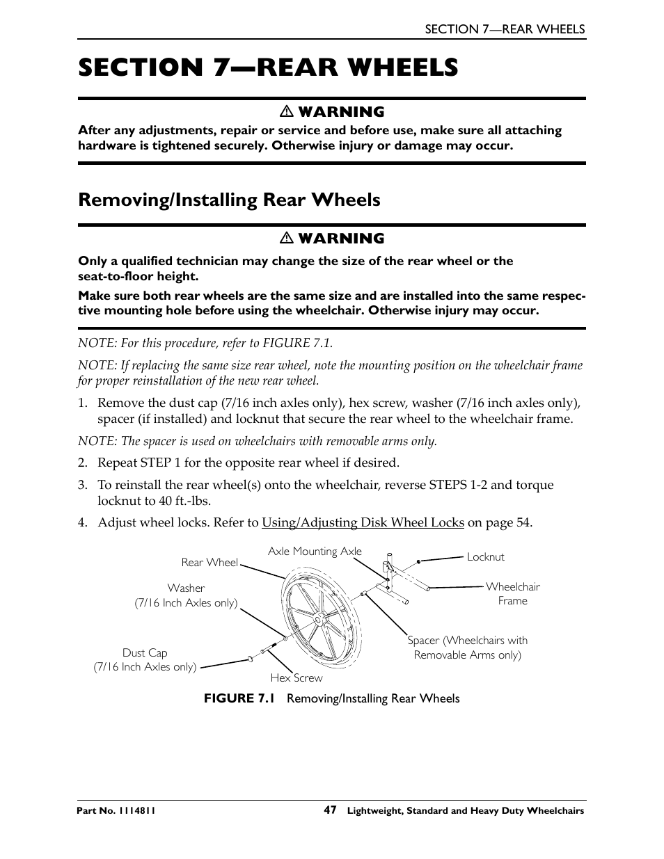 Section 7- rear wheels, Removing/installing rear wheels, Section 7—rear wheels | Invacare Lightweight User Manual | Page 47 / 64