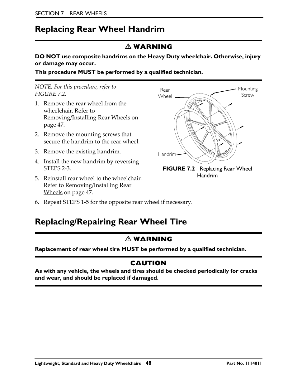 Replacing rear wheel handrim, Replacing/repairing rear wheel tire | Invacare Lightweight User Manual | Page 48 / 64