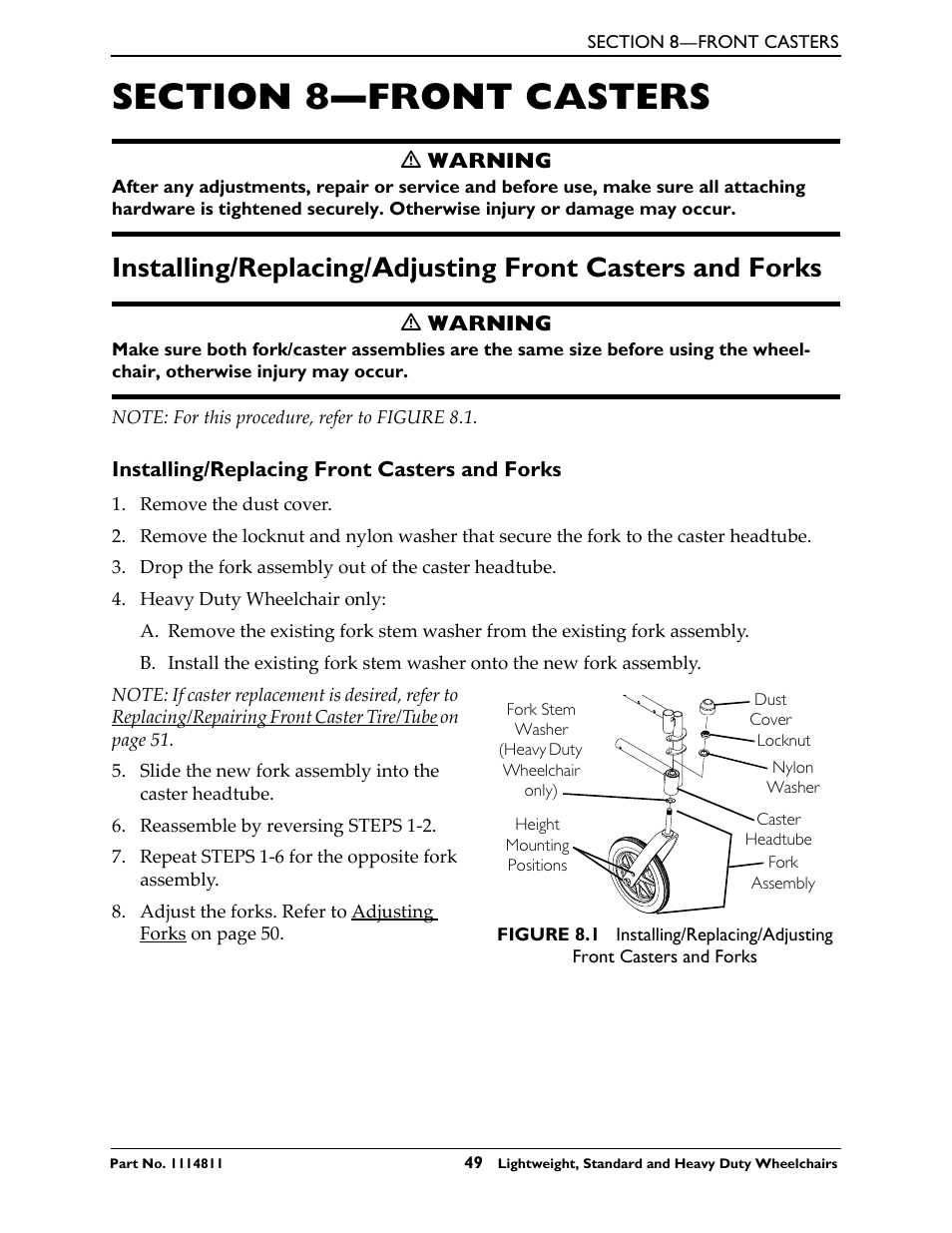 Section 8- front casters, Installing/replacing front casters and forks, Section 8—front casters | Invacare Lightweight User Manual | Page 49 / 64