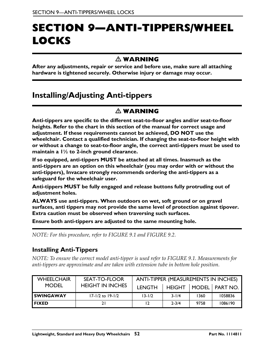 Section 9- anti-tippers/wheel locks, Installing/adjusting anti-tippers, Installing anti-tippers | Section 9—anti-tippers/wheel locks | Invacare Lightweight User Manual | Page 52 / 64