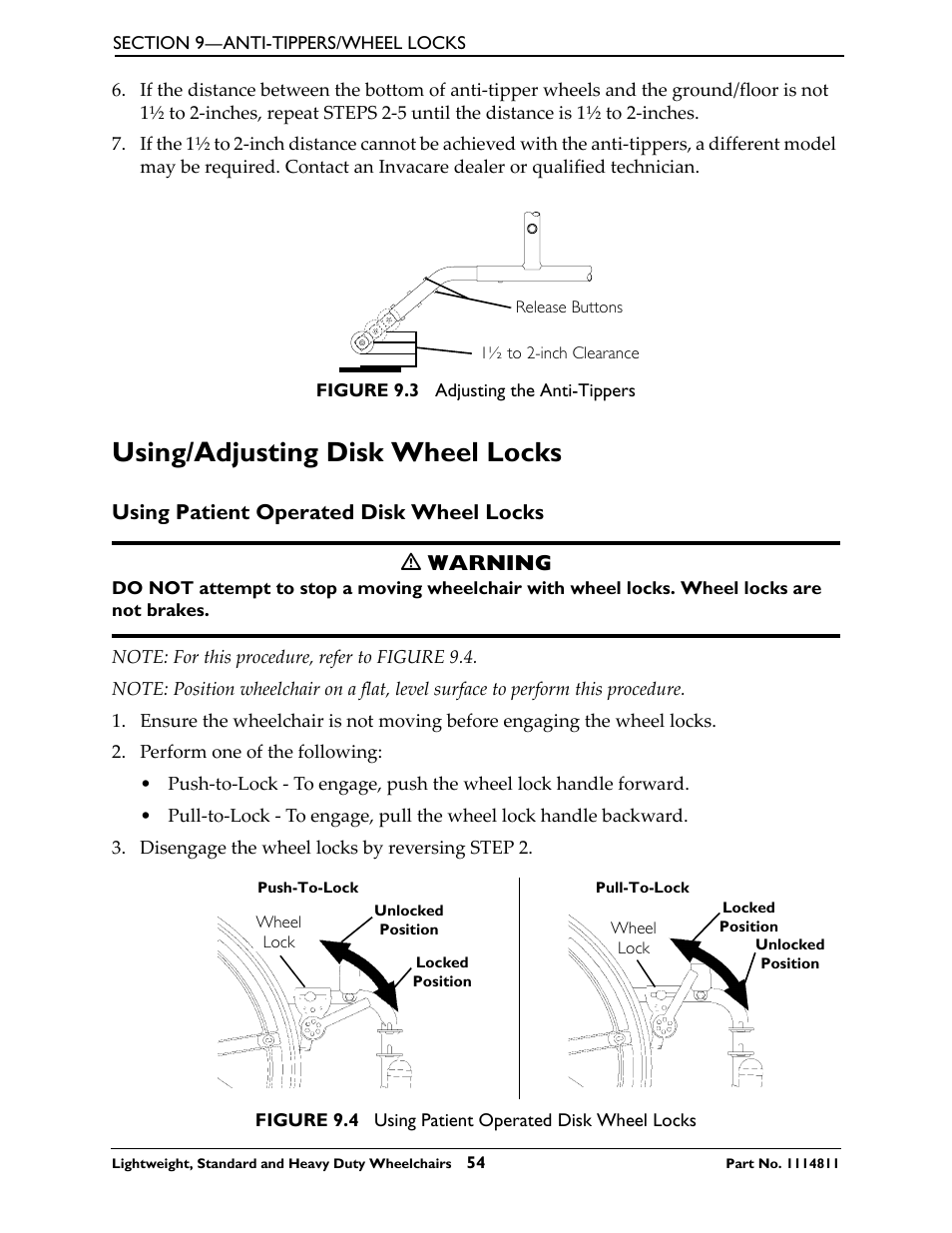 Using/adjusting disk wheel locks, Using patient operated disk wheel locks, Using patient operated disk wheel locks ƽ warning | Invacare Lightweight User Manual | Page 54 / 64