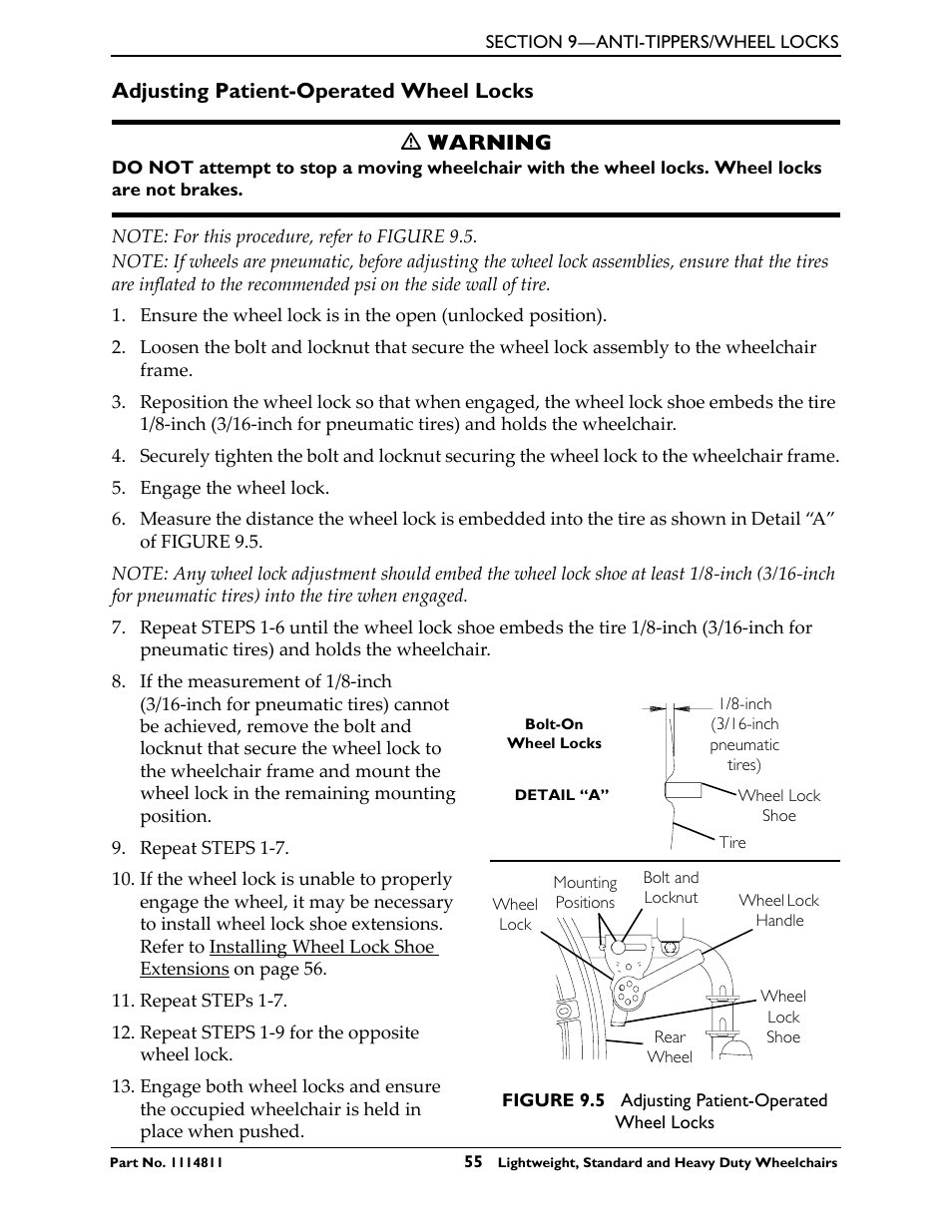 Adjusting patient-operated wheel locks, Adjusting patient-operated wheel locks ƽ warning | Invacare Lightweight User Manual | Page 55 / 64