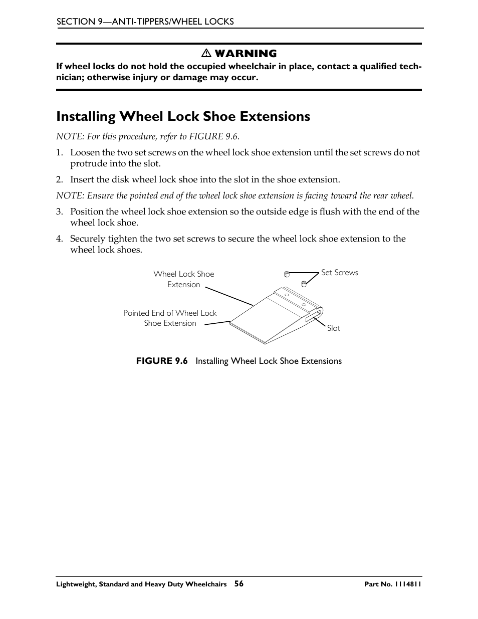 Installing wheel lock shoe extensions | Invacare Lightweight User Manual | Page 56 / 64