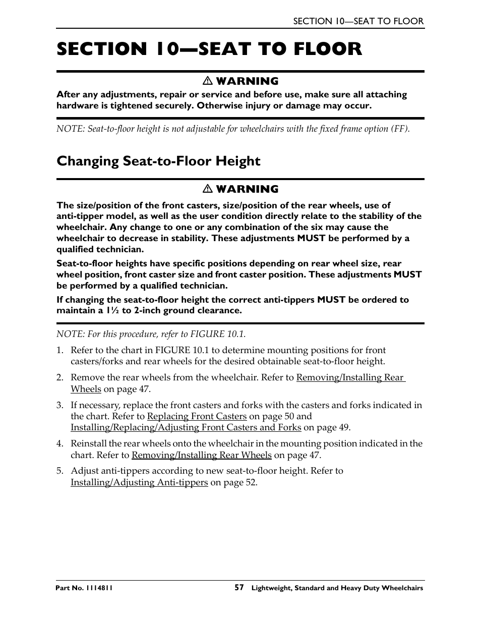 Section 10- seat to floor, Changing seat-to-floor height, Section 10—seat to floor | Invacare Lightweight User Manual | Page 57 / 64