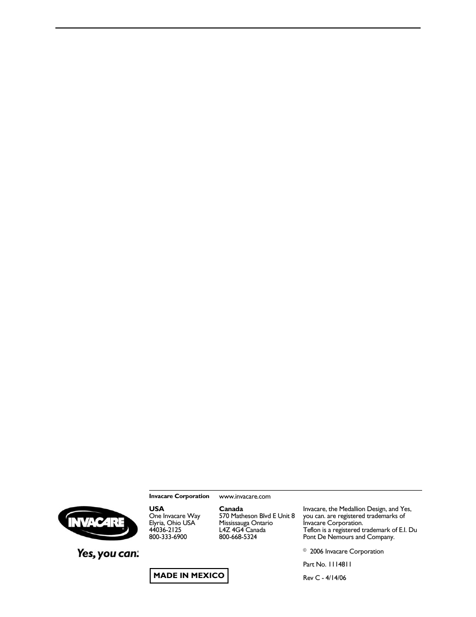 Part no. 1114811 | Invacare Lightweight User Manual | Page 64 / 64