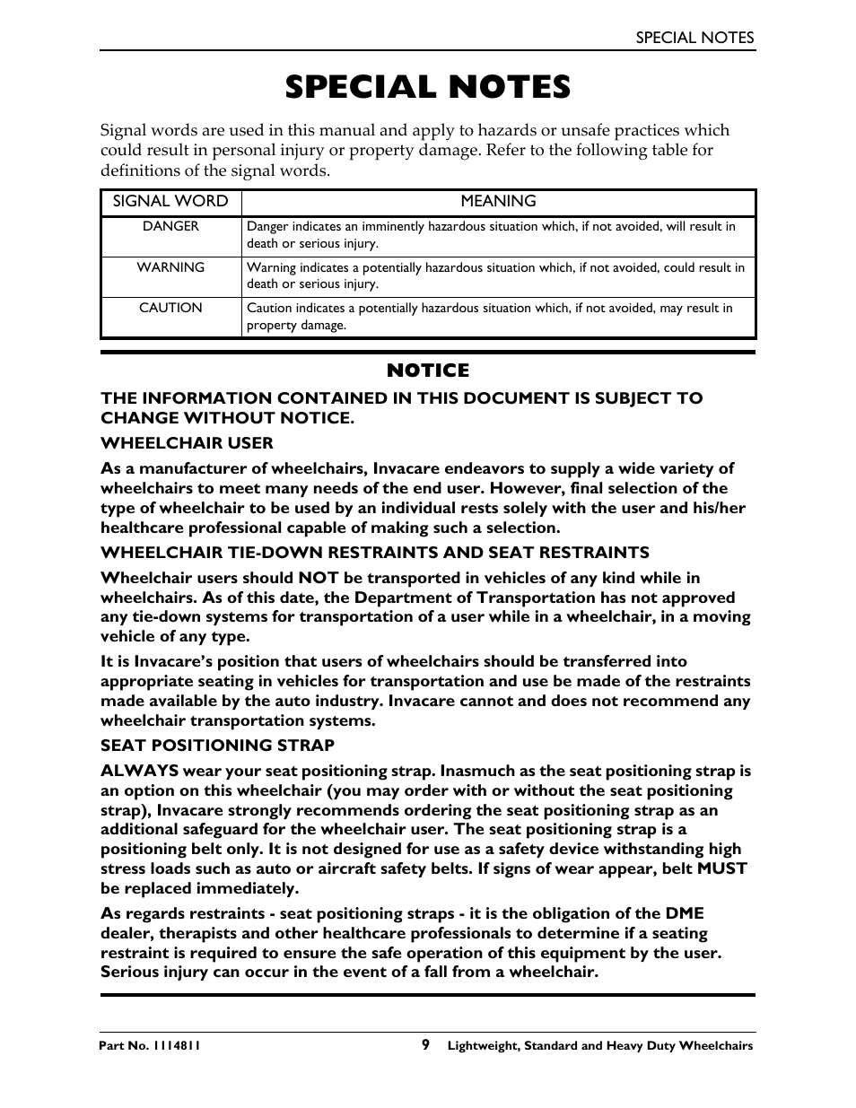 Special notes | Invacare Lightweight User Manual | Page 9 / 64