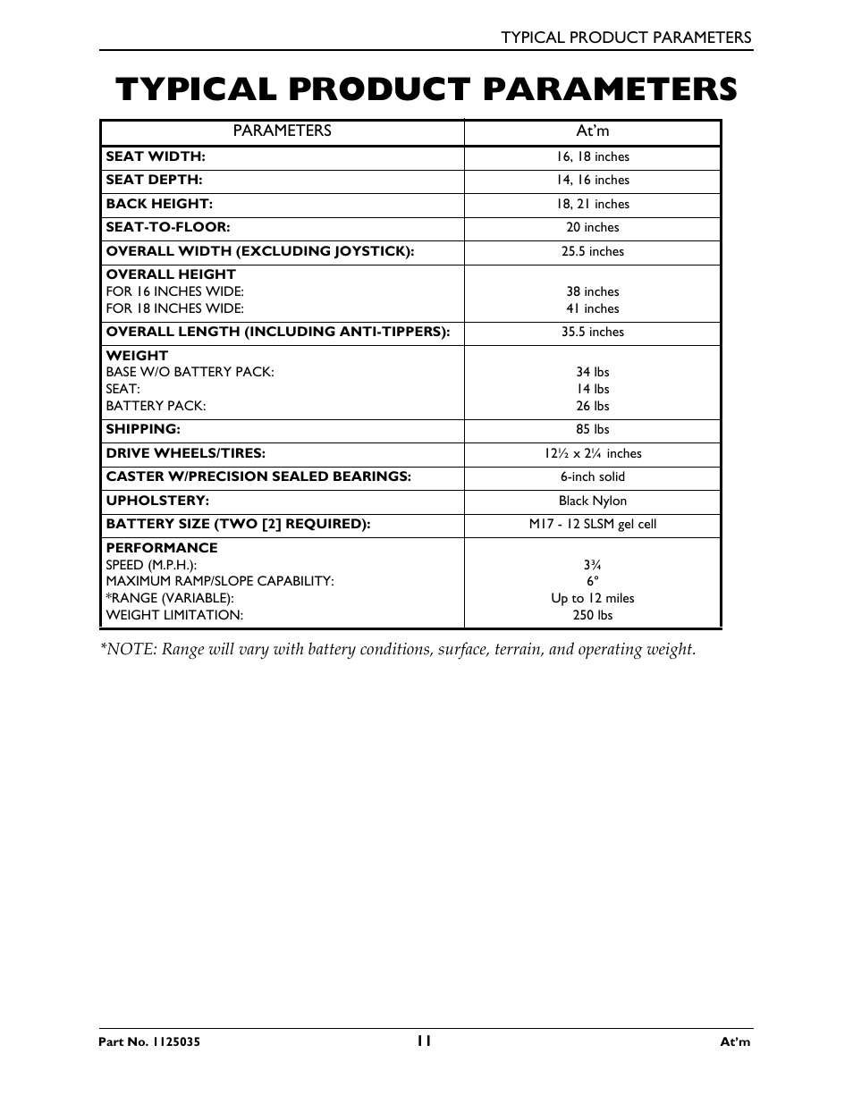 Typical product parameters | Invacare At'm User Manual | Page 11 / 44